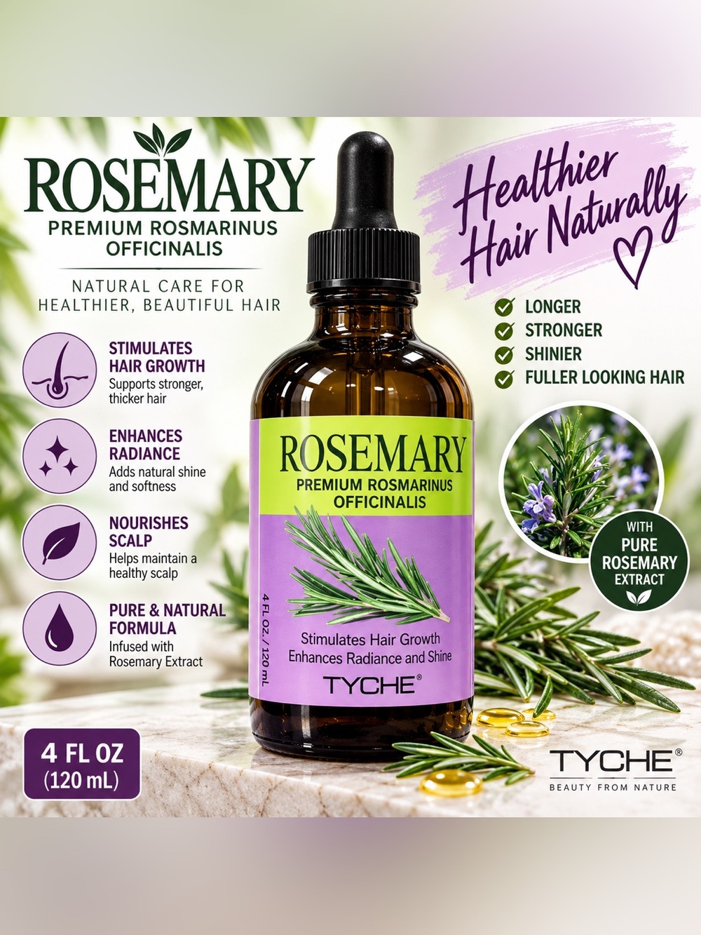 Tyche Rosemary Hair Oil Bottle with Purple & Green Label